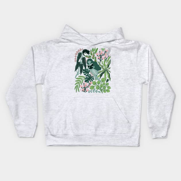 Reading girls among the plants with cats in the jungle Kids Hoodie by kostolom3000